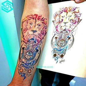[TATTOO]Composición propia"león, Hamsa, Radio"Estilo Acuarelado mixtoFull color Diseño personalizadoArtista:FB/INSTA: @jaime.sxe#SkylineStudio #Tattoo #CreateYourself
