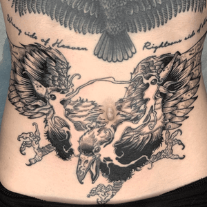 “Our wings strike the dusk; shadows cleave the evergreen.” Finished up this three-headed raven on Sam’s stomach. Eagle tattoo above it not by me. Thanks for sitting like an absolute champ! #tattoo #blackwork #blacktattooart #blackworktattoo #tattoos #darkartists #ohiotattooers #columbustattooers #stomachtattoo #raven