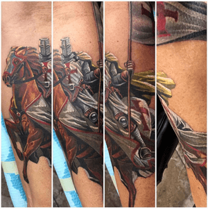 Heres a stutched together photo of the Knights Templar tattoo I did on a forearm a while back. #color #knight #horse #forearm