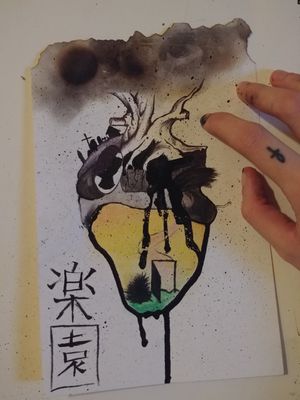 Rakuen (Paradise) Techniques; Bic Pen, pencil, oil pastels, China ink, fire " It is not because we are rotting from the outside that we ain't worth it. You don't know what the heart is hiding. " #oilpastel #yingyang #heart #kanji #brushstyle 