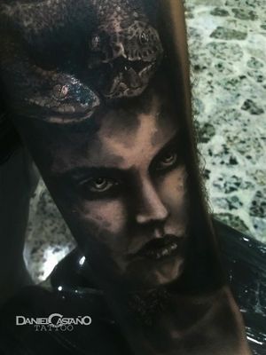Gorgona, black and white, arm tattoo.