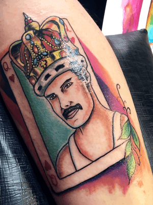 Freddie Mercury tattoo. Queen of hearts! #freddieMercury #freddie #music #queen #queenofhearts #danialfonso #colombia #bogota #femaletattooartist #colortattoo 