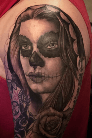 Progress shot of a day of the dead virgin original done on my homie Daniel... so soked at how this piece is coning out... to book an appt please text me at 2149341929