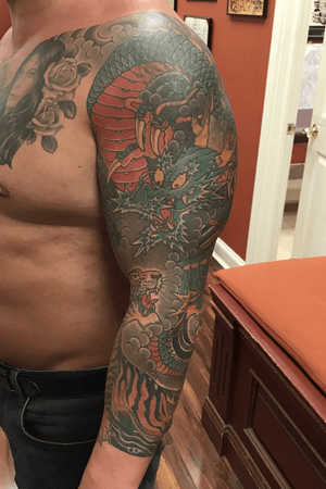 #japanese #tattoo #dragon #tiger #3/4sleeve #MikeHildebrandt #davincitattoo #newyork 
