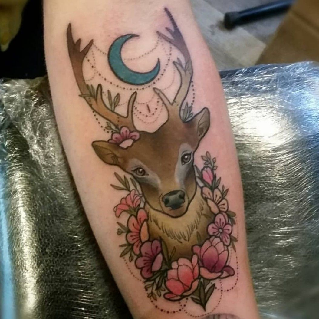 Neo Traditional Deer  Buck Tattoo  Deer tattoo Flower tattoo designs  Black and grey tattoos
