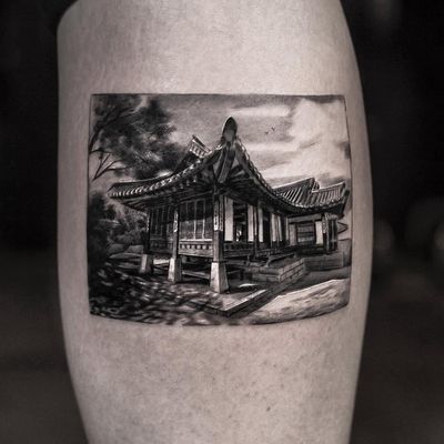 Tattoo by Inal Bersekov #InalBersekov #blackandgrey #realism #realistic #hyperrealism #house #building #Korean #landscape