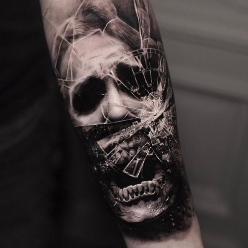 Tattoo by Inal Bersekov #InalBersekov #blackandgrey #realism #realistic #hyperrealism #horror #skull #death #ghost #glass