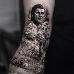 Tattoo by Inal Bersekov #InalBersekov #blackandgrey #realism #realistic #hyperrealism #SteveMcQueen #ferrari #sportscar #car #racecar