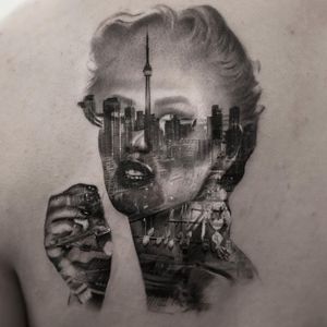Tattoo by Inal Bersekov #InalBersekov #blackandgrey #realism #realistic #hyperrealism #portrait #ladyhead #lady #cityscape #buildings #architecture