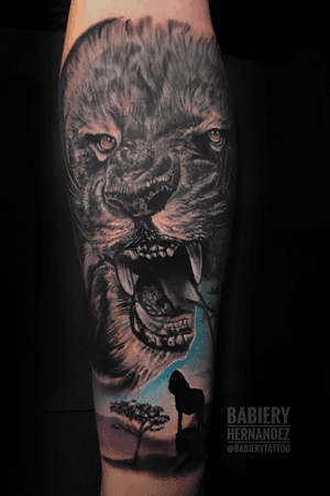 Black and grey lion with a toch of color!! All BOOKING INQUIRIES ___________Email____________ Babierytattoo@gmail.com