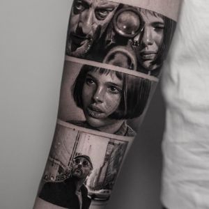 Tattoo by Inal Bersekov #InalBersekov #blackandgrey #realism #realistic #hyperrealism #TheProfessional #film #movie #portrait #NataliePortman #JeanReno #gun #cityscape