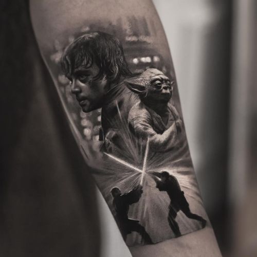 Tattoo by Inal Bersekov #InalBersekov #blackandgrey #realism #realistic #hyperrealism #StarWars #yoda #lightsaber #LukeSkywalker