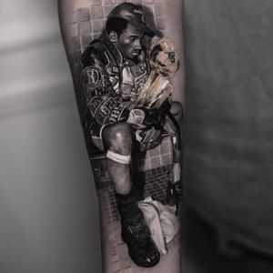 Tattoo by Inal Bersekov #InalBersekov #blackandgrey #realism #realistic #hyperrealism #KobeBryant #basketball #champion #sports #award #trophy
