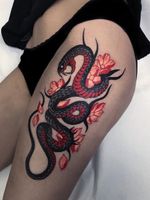 Tattoo by Rud Deluca #RuDeluca #naturetattoo #nature #animal #plants #environment #snake #reptile #flower #floral #cherryblossom