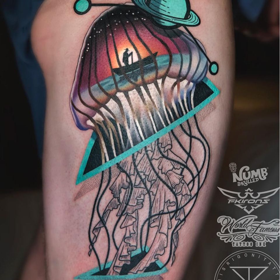 Tattoo by Chris Rigoni #ChrisRigoni #naturetattoo #nature #animal #plants #environment #jellyfish #oceanlife #boat #saturn