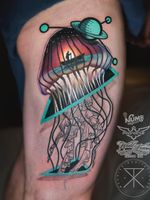 Tattoo by Chris Rigoni #ChrisRigoni #naturetattoo #nature #animal #plants #environment #jellyfish #oceanlife #boat #saturn