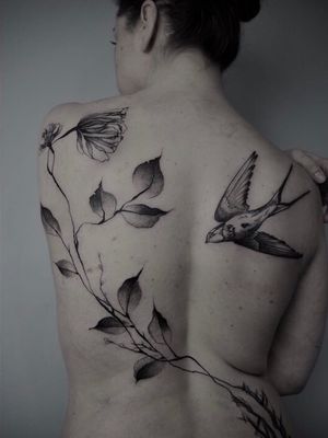 Tattoo by Alba Reyk #AlabReyk #naturetattoo #nature #animal #plants #environment #bird #flower #floral #leaves #illustrative #ink