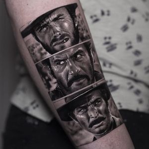 Tattoo by Inal Bersekov #InalBersekov #blackandgrey #realism #realistic #hyperrealism #ClintEastwood #DirtyHarry #movie #film #portrait