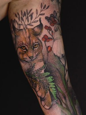 Tattoo by Dzo Lama #DzoLama #naturetattoo #nature #animal #plants #environment #lynx #cat #kitty #junglecat #cute #leaves #berries