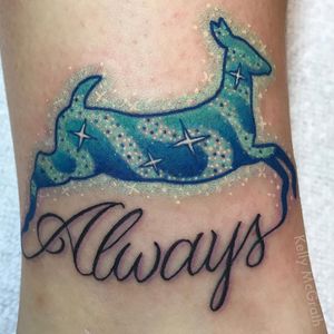 Always.By Kelly McGrath.#always #afterallthistimealways #severussnape #lilyevans #love #deer #deertattoo #animaltattoo #blueink #sparkles #patronus #deerpatronus #sparkly #dots #dotwork #dotworktattoo #lettering #letteringtattoo #girly #girltattoo #femaletattooartist #harrypotter #harrypottertattoo #HarryPotterInk #harrypotterfans #harrypotternerd #PotterHead #pottermania #potter #instatattoo #instaartist #beautiful #magic #magical #witchtattoo #witchcraft #wizard #hogwarts #loveit 