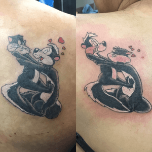 Pee Le Pew & Penelope Pussycat switchup for this couple. Sometimes you got to chase what you love. Done at the @inkmasterstattooshow in Odessa Texas#solidink #meekBtattoos #sandiego #california #trad #traditional #traditionaltattoo #color #BoldTattoos #life ##hivecaps #fkirons #neotraditional #neotraditionaltattoo #thebvcklinecollective #toon #cartoon #loneytunes #looneytunestattoo #pepelepew #penelopepussycat #coupletattoo #odessa #texas