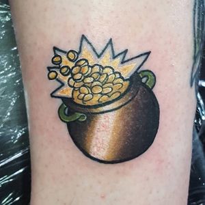 Tattoo by Christine McMullen #ChristineMcMullen #StPatricksDaytattoos #StPatricksDay #holidaytattoo #color #traditional #potofgold #gold #goldcoin
