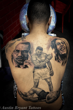 Backpiece in progress #tattooartist #blackandgrey #realism #bobmarley #MuhammadAli #MalcolmX #backpiece 