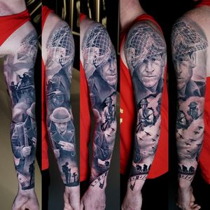 Black and grey realistic full sleeve tattoo of WW1 and WW2 British soldiers. World war