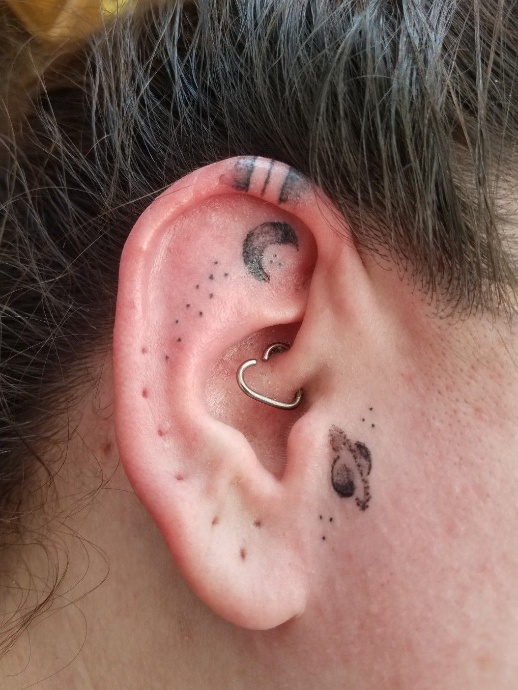 Faded dotwork style behind the ear moon and stars tattoo art deco stars  delicate  Behind ear tattoos Star tattoos Planet tattoos