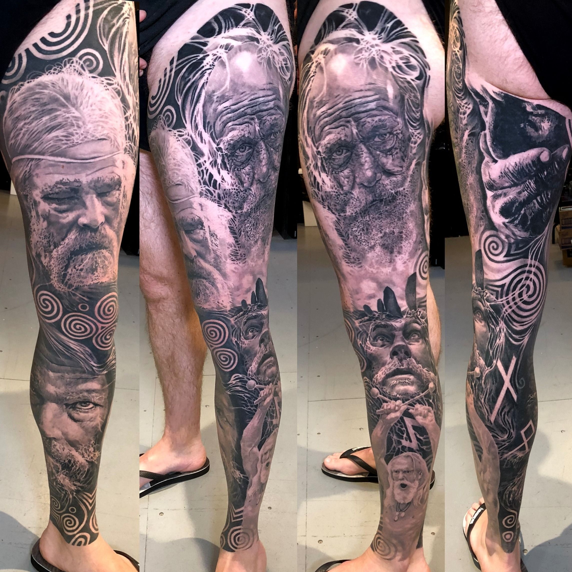 Tattoo uploaded by Alo Loco Tattoo • Black and grey full sleeve leg Irish Celtic Ancestors Warriors tattoos • Tattoodo