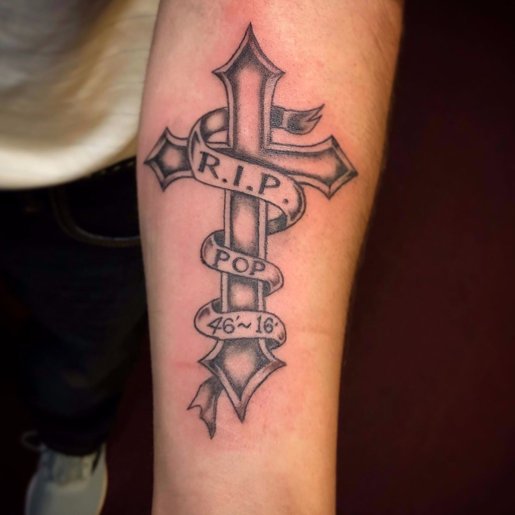 Amour Tattoo  Cross with ribbon and lettering arm tattoo Done by Mimi  Ink  Facebook