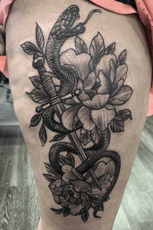 Superfund snake dagger Peony flower tattoo I completed the other day