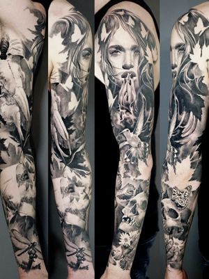Alo Loco tattoo, Healed Black and grey nature full sleeve of life and death, 