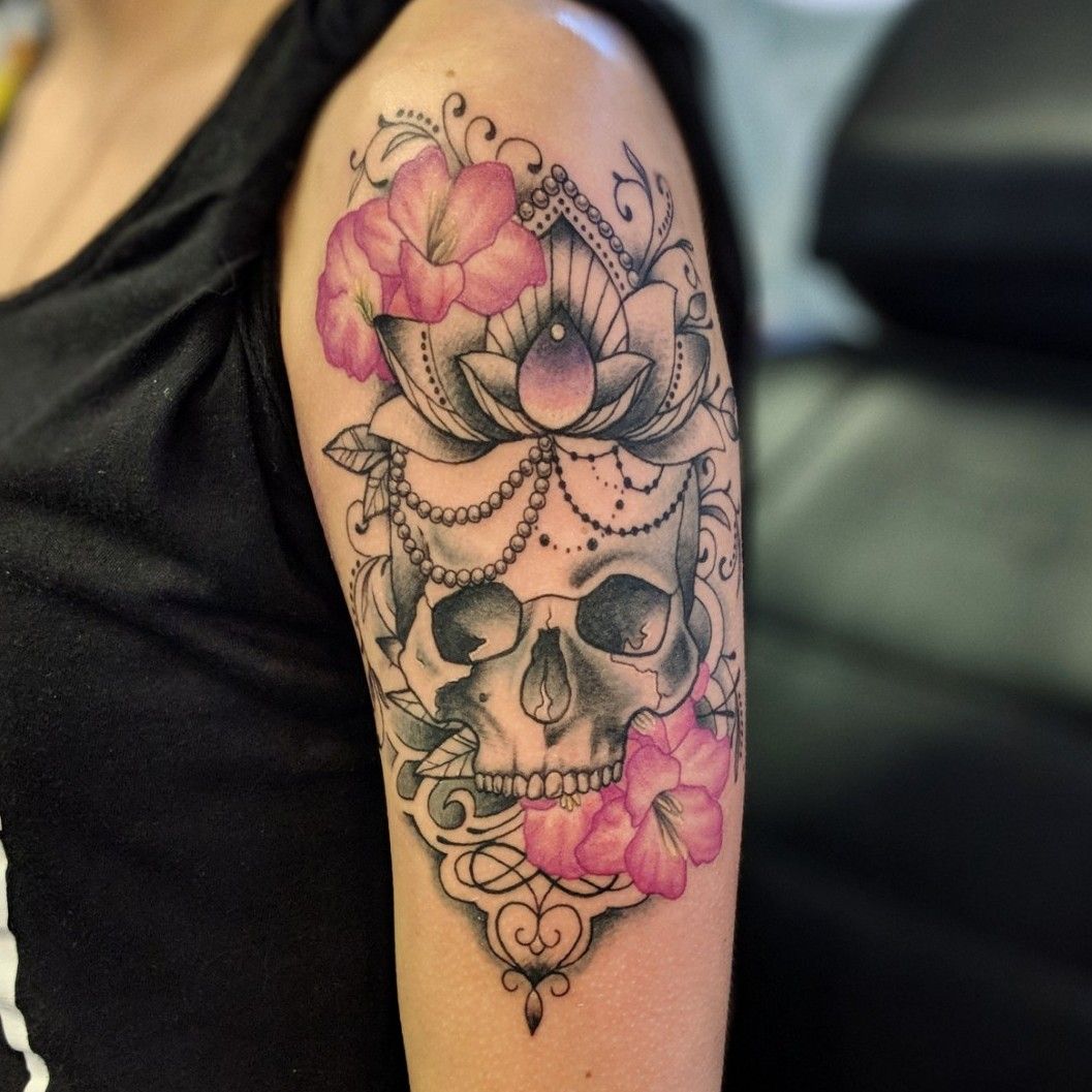 Skull flowers mandala tattoo design  Feminine skull tattoos Floral skull  tattoos Skull tattoo flowers