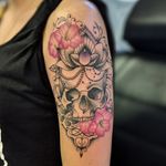Skull, Gem, Beads, Flower Tattoo Neo-tradional