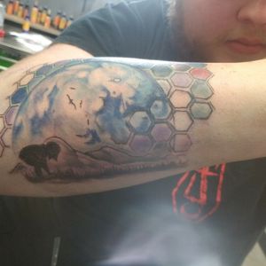 Perception by Breakdown of Sanity album cover, continued from the constellations art on the inner side Done by Kelechi @ Stick Tattoo in Morgantown WV #metalcore #albumart #forearm #color #geometric 