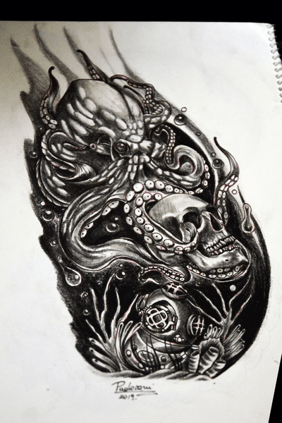 #octopus #polvo #caveira #skull #escafandro #sea #fundodomar #blackandgrey #tattoosketch #thiagopadovani