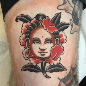 Tattoo by Joel Melrose #JoelMelrose #portraittattoos #portrait #face #traditional #folktraditional #peony #Buddha #Buddhist #flower #floral