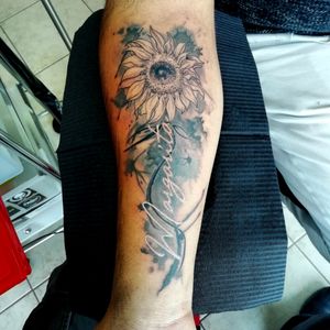 Grey watercolor sunflower#tattoo #ink#tattooaveiro #watercolortattoo #zorbatattoo #intenze #intenzeink #symbeos #symbeosrotary #criticalpowersupply #nocturnalink #nocturnalinkset #intenze #kwadroncartridges #odintattooequipments 