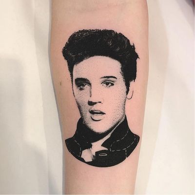 Tattoo by Charley Gerardin #CharleyGerardin #portraittattoos #portrait #face #Elvis #music #singer #famous #dotwork #illustrative