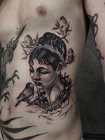 Tattoo by Francesco Bianco #FrancescoBianco #portraittattoos #portrait #face #lady #ladyhead #bird #eggs #nest #birdsnest #neotraditional #illutrative