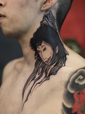 Tattoo by Damien J Thorn #DamienJThorn #portraittattoos #portrait #face #blackwork #illustrative #yokai #demon #lady #ladyhead