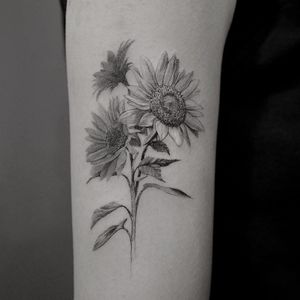 Tattoo by Cold Gray #ColdGray #flowertattoos #flowertattoo #flower #floral #nature #plant #blackandgrey #sunflower #realism #realistic #hyperrealism