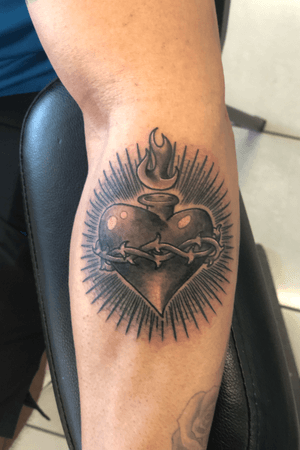 Black And Grey Sacred Heart Forearm Tattoo