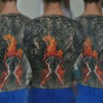 Realistic tattoo black and gray with Game of thrones. #gameofthrones #fire #backtattoo #back #cerseilannister #lannister 