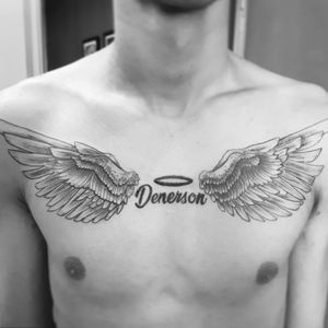 Homenagem ao irmão, do nosso amigo Denilson! 😍✍️👼Faça já seu orçamento! (62) 9 9326.8279#tattoo #ink #blackwork #tattoolife #Tatuadouro #love #inkedgirls #Tatouage #eletricink #igtattoo #fineline #draw #tattooing #tattoo2me #tattooart #instatattoo #tatuajes #blackink #wings #wingstattoo #homenagem #jobstopper #tatuagemdelicada #chesttattoo 