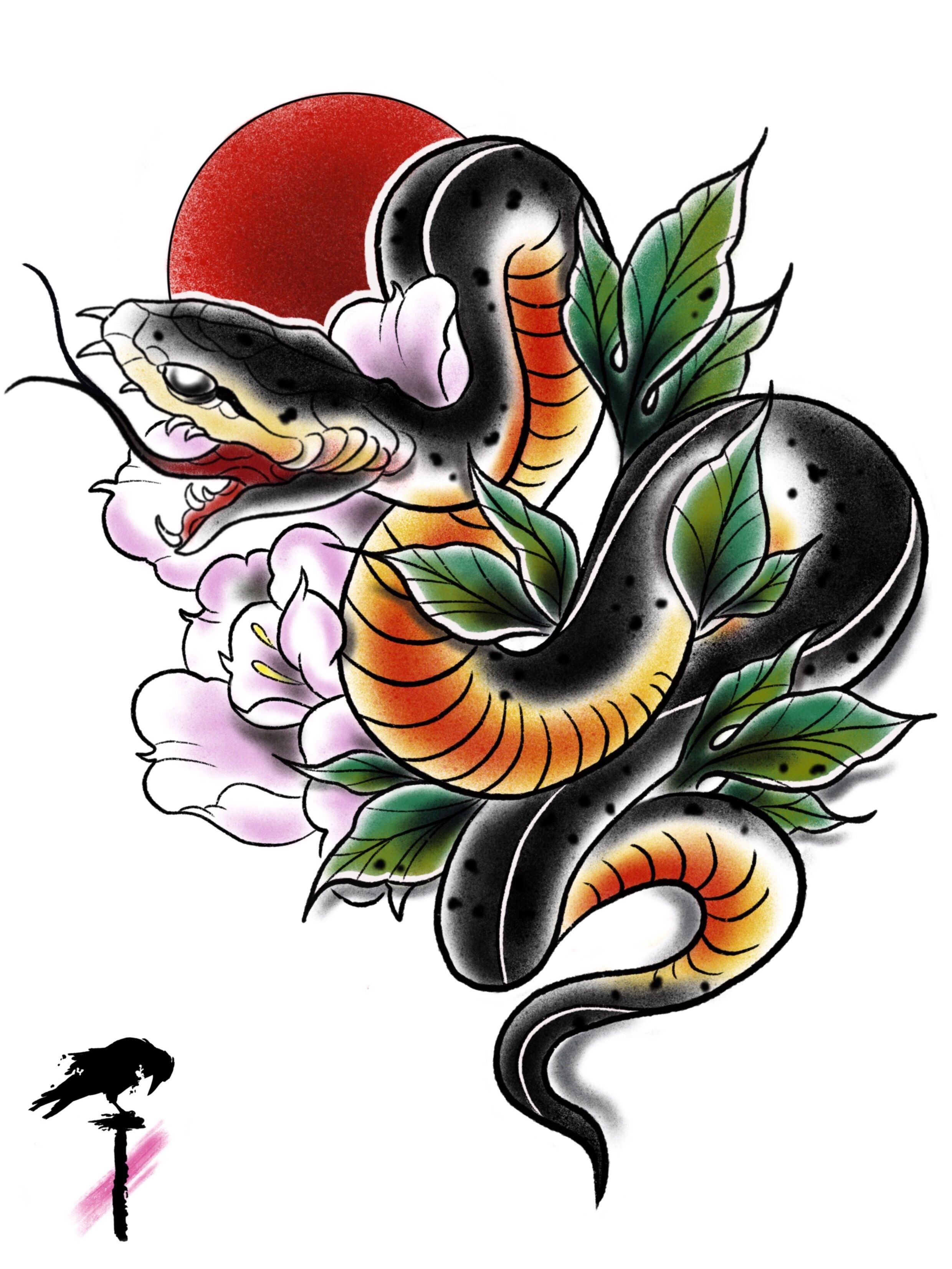 Neotraditional snake tattoo on the forearm