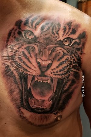 Last nights tattoo on a cool client. Itvwa ships first one! To get tattooed by me txt 818-621-6604 #tiger #tigertattoo #animalportrait #blackandgrey #realismtattoo #VeeHart 
