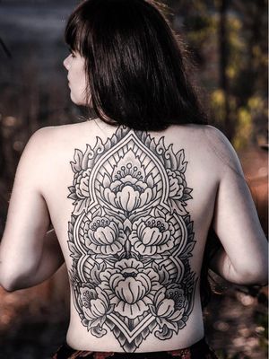 Tattoo by Aries Rhysing #AriesRhysing #flowertattoos #flowertattoo #flower #floral #nature #plant #ornamental #backpiece #backtattoo #peony