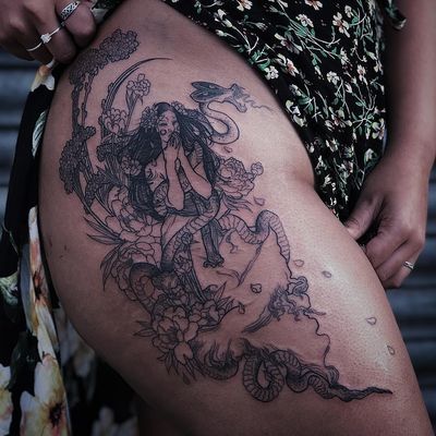 Tattoo by Ruby Wolfe #RubyWolfe #TannParker #InktheDiaspora #lady #flowers #floral #snake #surreal #strange #monster #ghost #demon #qpocttt #poctattoo #qpoctattoo #brownskin #blackskin #empower #visibility #tattoocommunity